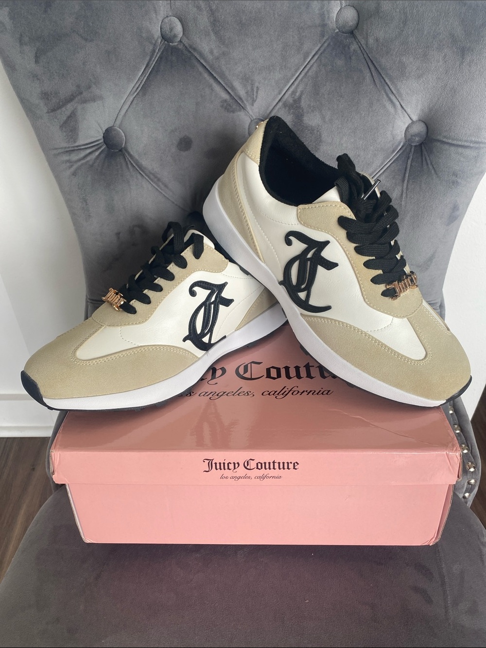 NWT Juicy Couture Beige, White & Black Lace-Up Sneakers